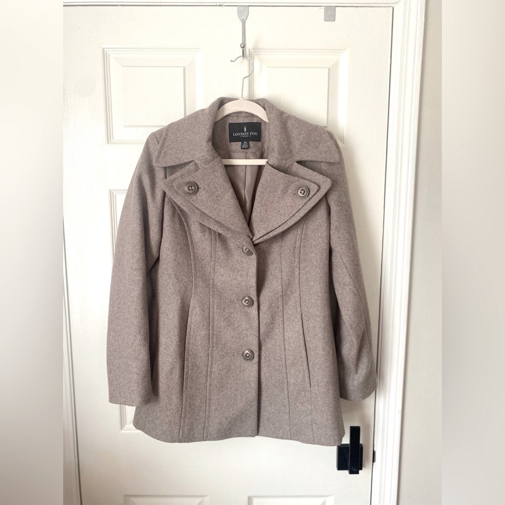 London Fog Wool Blend Pea Coat Women’s XS Taupe Lined Classic Winter Jacket - Picture 10 of 11